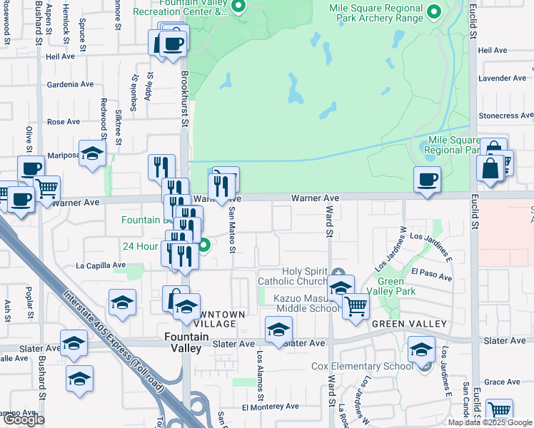 map of restaurants, bars, coffee shops, grocery stores, and more near 17055 San Bruno Street in Fountain Valley