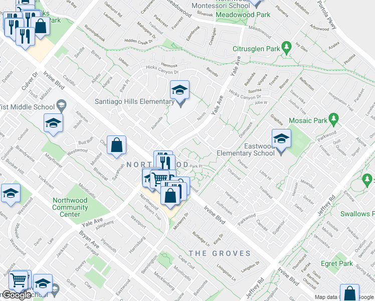 map of restaurants, bars, coffee shops, grocery stores, and more near 77 Lakepines in Irvine