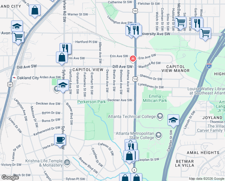 map of restaurants, bars, coffee shops, grocery stores, and more near 1443 Beatie Avenue Southwest in Atlanta