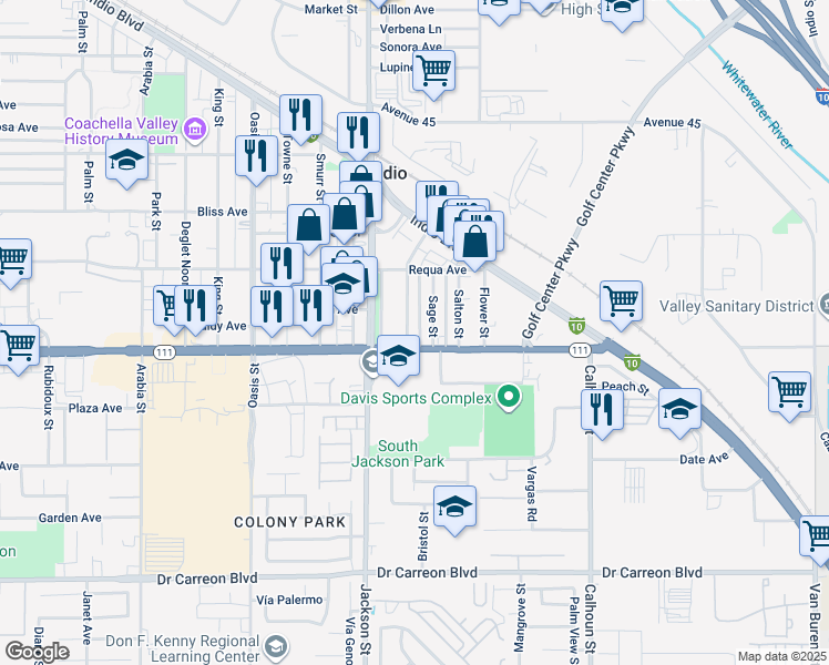 map of restaurants, bars, coffee shops, grocery stores, and more near 45950 Grace Street in Indio
