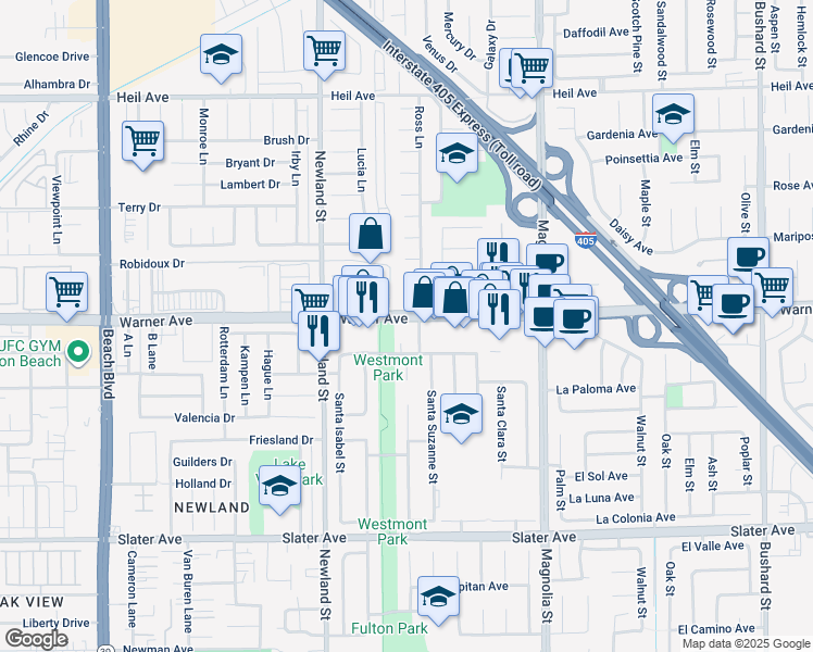 map of restaurants, bars, coffee shops, grocery stores, and more near 8744 Warner Avenue in Fountain Valley