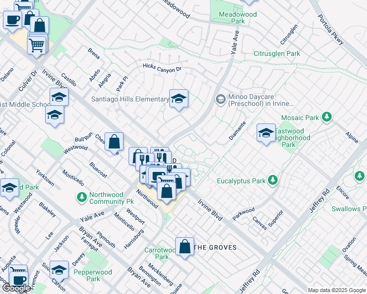 map of restaurants, bars, coffee shops, grocery stores, and more near 77 Lakepines in Irvine