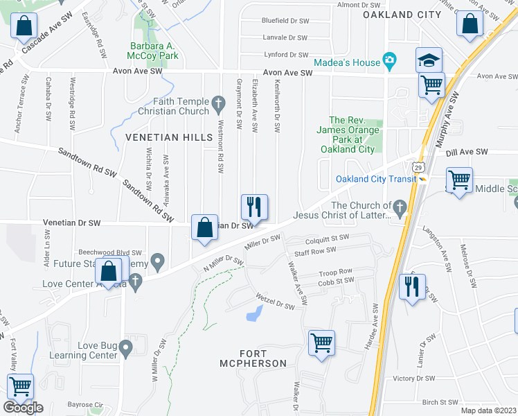 map of restaurants, bars, coffee shops, grocery stores, and more near 1416 Elizabeth Avenue Southwest in Atlanta