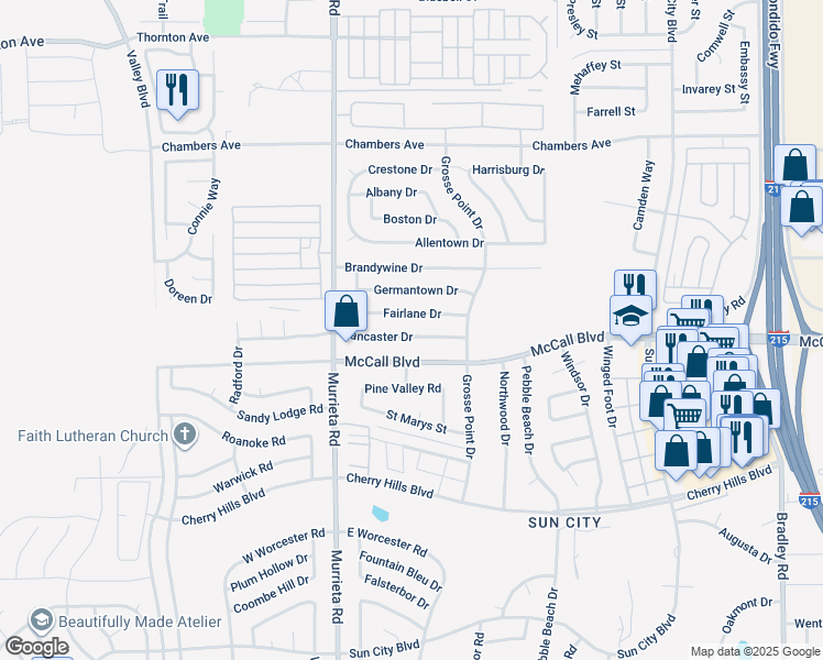 map of restaurants, bars, coffee shops, grocery stores, and more near 26170 Lancaster Drive in Menifee