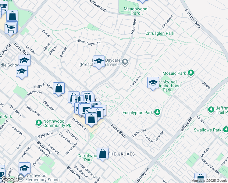 map of restaurants, bars, coffee shops, grocery stores, and more near 179 Pineview in Irvine