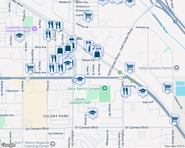 map of restaurants, bars, coffee shops, grocery stores, and more near 45861 Salton Street in Indio