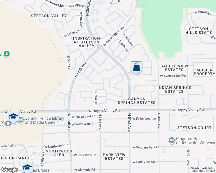 map of restaurants, bars, coffee shops, grocery stores, and more near 25308 North 52nd Avenue in Phoenix