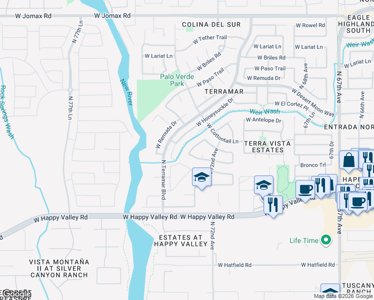 map of restaurants, bars, coffee shops, grocery stores, and more near 25414 North 73rd Avenue in Peoria