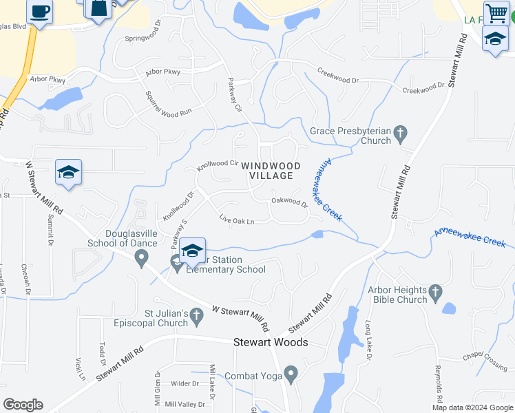 map of restaurants, bars, coffee shops, grocery stores, and more near 6595 Oakwood Drive in Douglasville