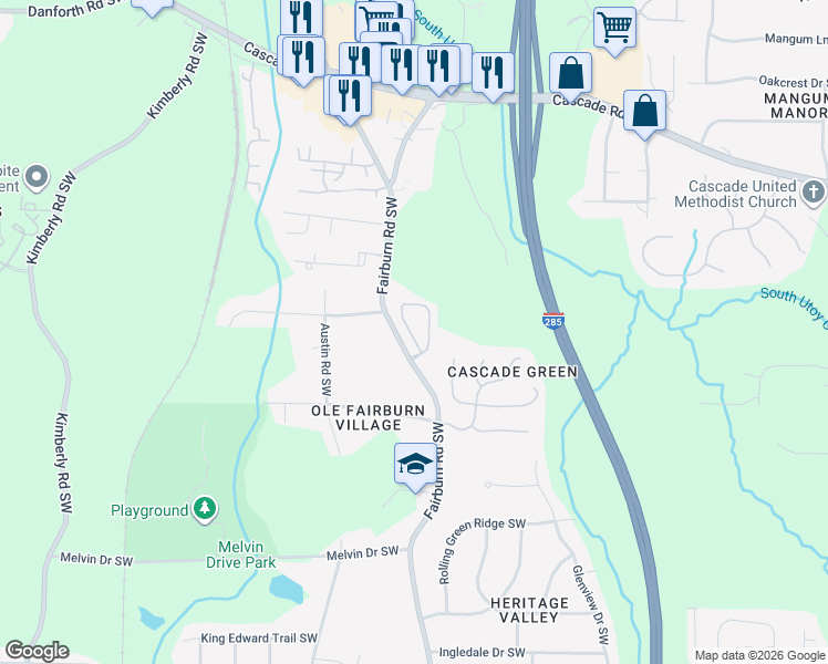 map of restaurants, bars, coffee shops, grocery stores, and more near 6300 Suttles Drive Southwest in Atlanta