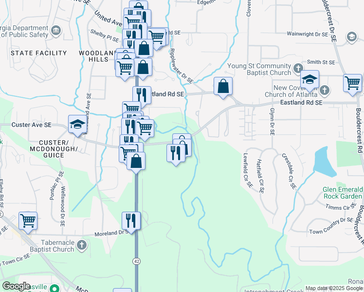 map of restaurants, bars, coffee shops, grocery stores, and more near 1296 Moreland Avenue Southeast in Atlanta
