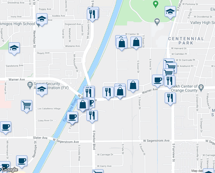 map of restaurants, bars, coffee shops, grocery stores, and more near 2311-2337 South Otis Street in Santa Ana