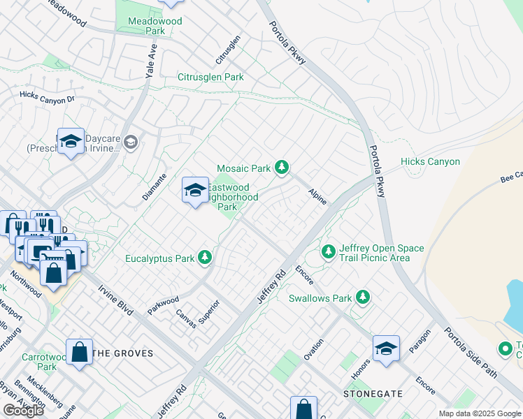 map of restaurants, bars, coffee shops, grocery stores, and more near 65 Quill in Irvine
