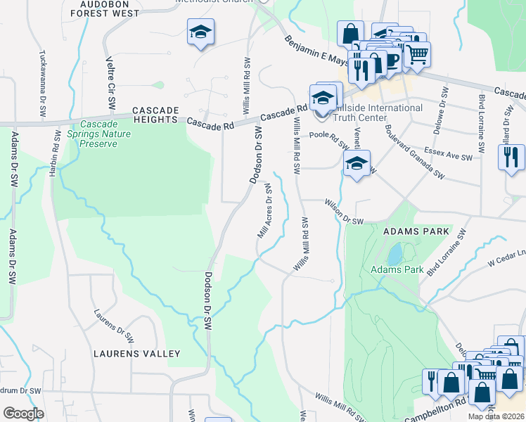 map of restaurants, bars, coffee shops, grocery stores, and more near 1477 Mill Acres Drive Southwest in Atlanta