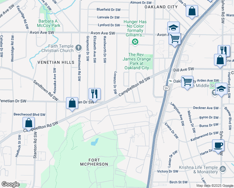 map of restaurants, bars, coffee shops, grocery stores, and more near 1355 Campbellton Road Southwest in Atlanta