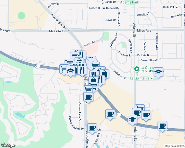 map of restaurants, bars, coffee shops, grocery stores, and more near 78572 California 111 in La Quinta