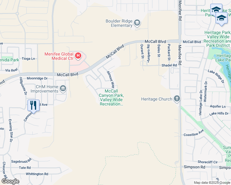 map of restaurants, bars, coffee shops, grocery stores, and more near 27884 Almont Way in Menifee