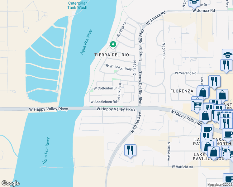map of restaurants, bars, coffee shops, grocery stores, and more near 10768 West Avenida Del Rey in Peoria