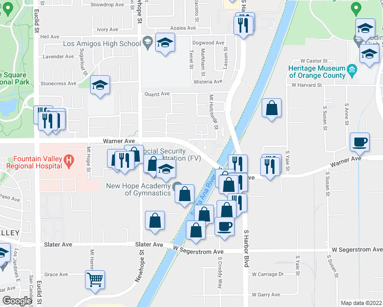 map of restaurants, bars, coffee shops, grocery stores, and more near 11770 Warner Avenue in Fountain Valley