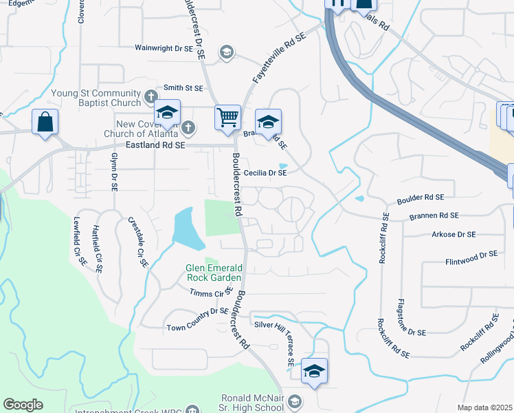 map of restaurants, bars, coffee shops, grocery stores, and more near 1450 B Bouldercrest Road in Atlanta