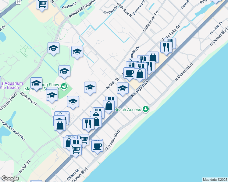map of restaurants, bars, coffee shops, grocery stores, and more near 514 36th Avenue North in Myrtle Beach
