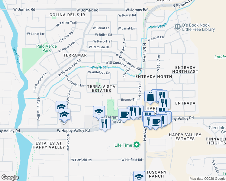 map of restaurants, bars, coffee shops, grocery stores, and more near 25523 N 68th Ln in Peoria