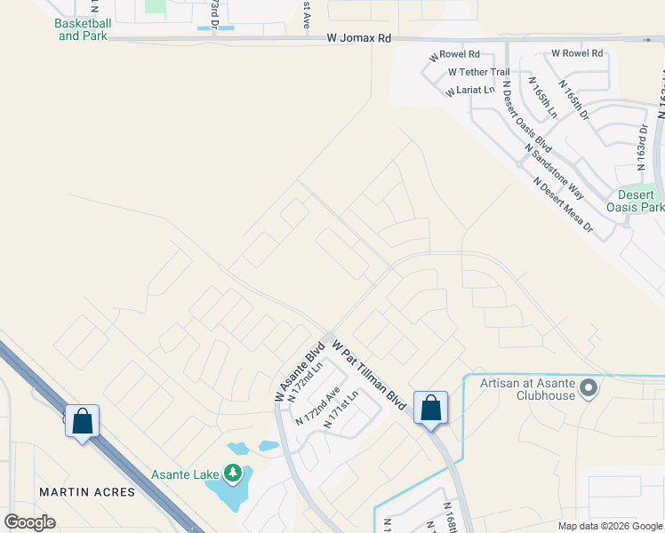 map of restaurants, bars, coffee shops, grocery stores, and more near North Pat Tillman Boulevard in Surprise