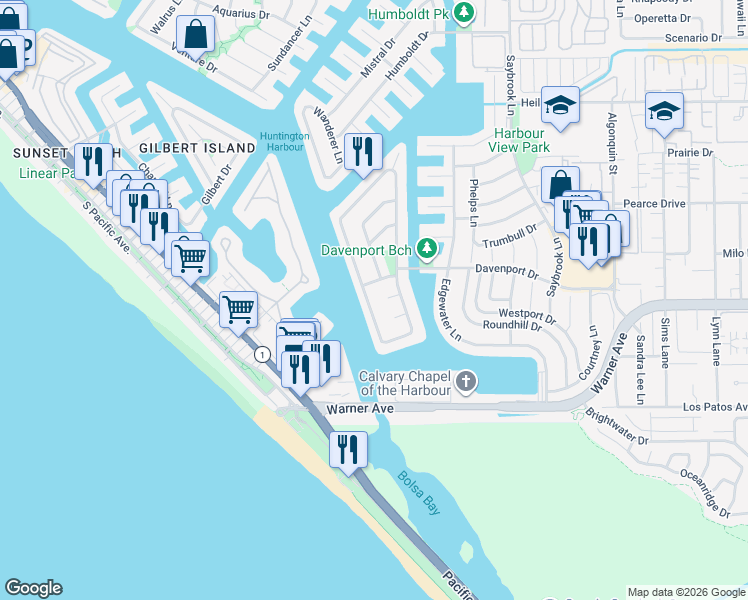 map of restaurants, bars, coffee shops, grocery stores, and more near 16952 Bolero Lane in Huntington Beach