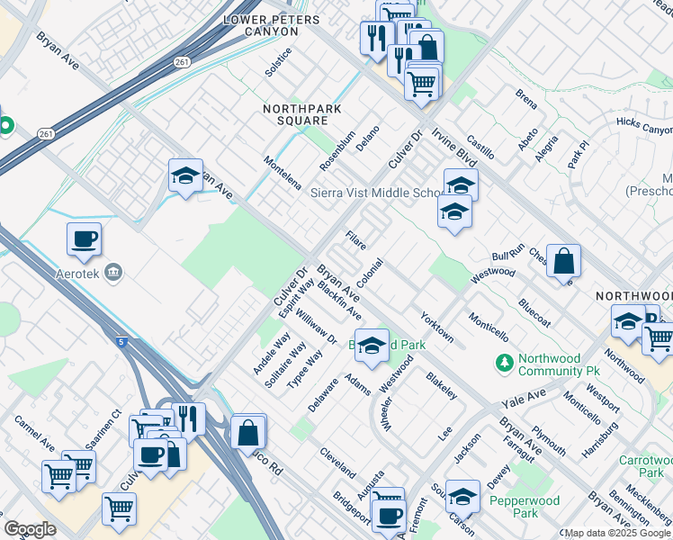 map of restaurants, bars, coffee shops, grocery stores, and more near 16 Rossano in Irvine