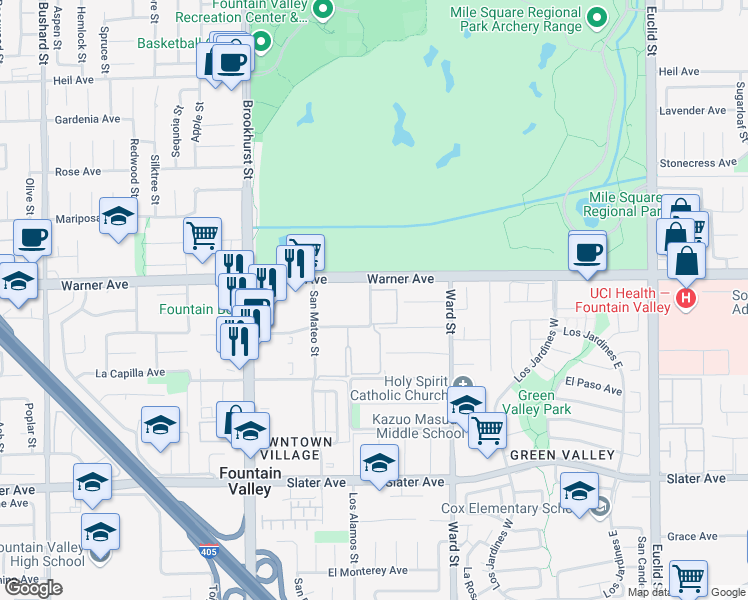 map of restaurants, bars, coffee shops, grocery stores, and more near 17055 San Bruno Street in Fountain Valley