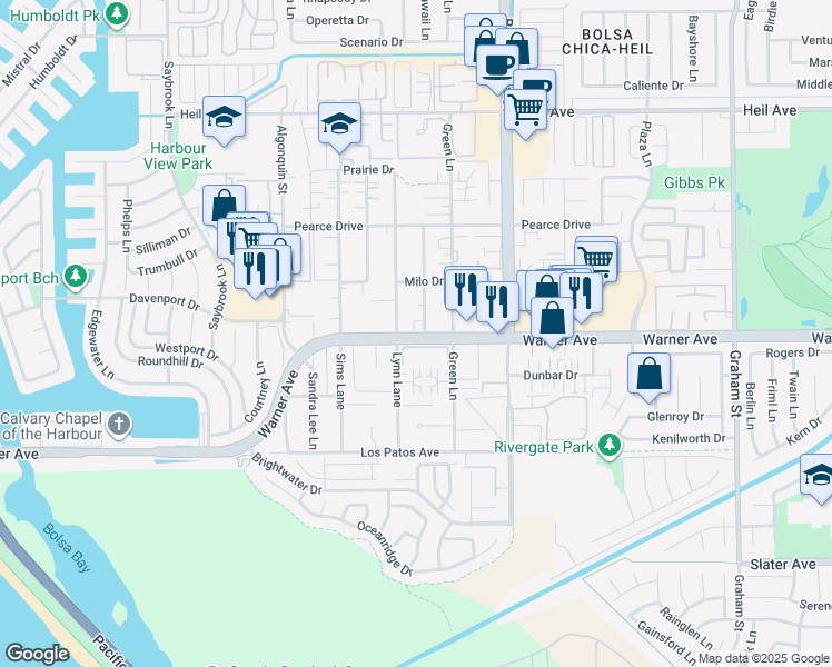 map of restaurants, bars, coffee shops, grocery stores, and more near 16982 Lynn Lane in Huntington Beach
