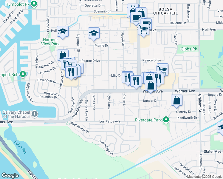 map of restaurants, bars, coffee shops, grocery stores, and more near 16982 Lynn Lane in Huntington Beach