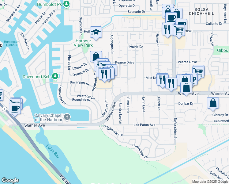 map of restaurants, bars, coffee shops, grocery stores, and more near 16960 Algonquin Street in Huntington Beach
