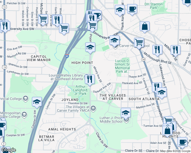 map of restaurants, bars, coffee shops, grocery stores, and more near 204 Moury Avenue Southwest in Atlanta