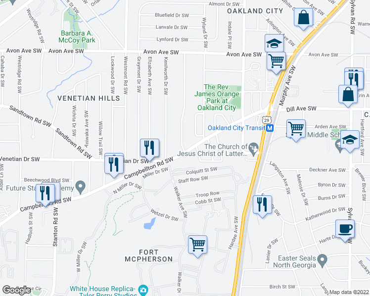 map of restaurants, bars, coffee shops, grocery stores, and more near 1339a Campbellton Road Southwest in Atlanta