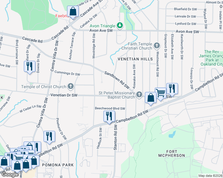 map of restaurants, bars, coffee shops, grocery stores, and more near 1465 Moray Street Southwest in Atlanta