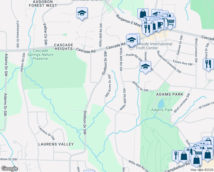 map of restaurants, bars, coffee shops, grocery stores, and more near 1477 Mill Acres Drive Southwest in Atlanta