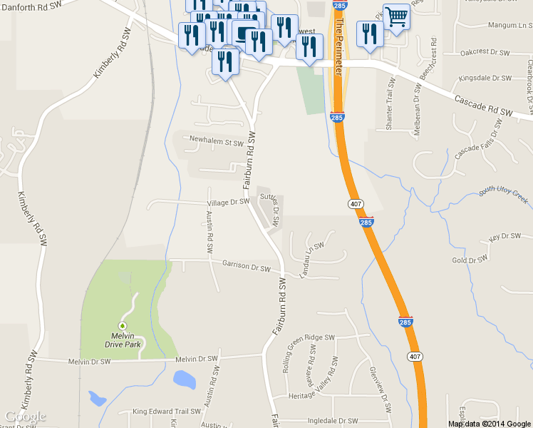 map of restaurants, bars, coffee shops, grocery stores, and more near 6300 Suttles Drive Southwest in Atlanta