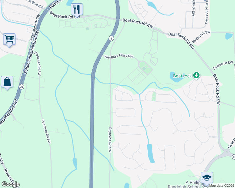 map of restaurants, bars, coffee shops, grocery stores, and more near 1388 Stone Bay Drive Southwest in Atlanta