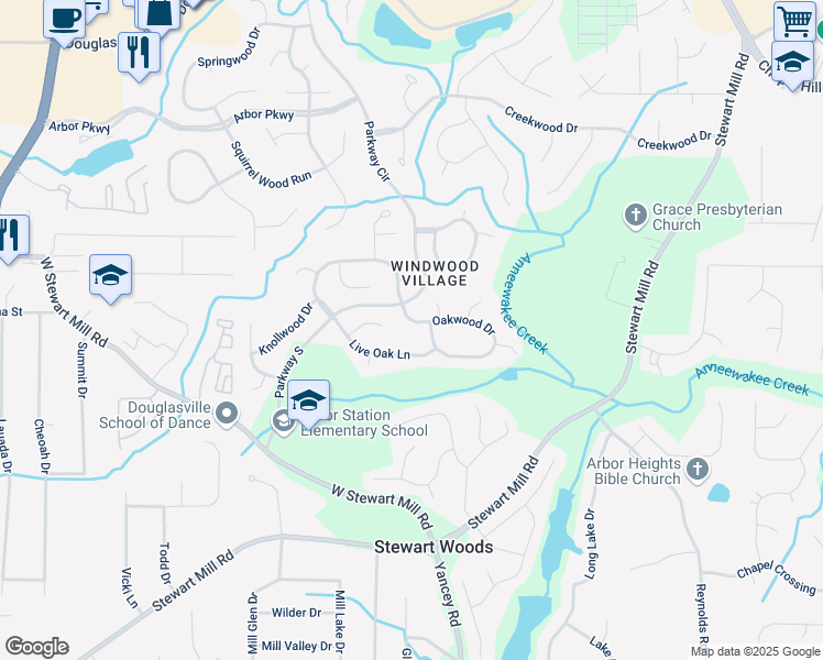 map of restaurants, bars, coffee shops, grocery stores, and more near 6595 Oakwood Drive in Douglasville