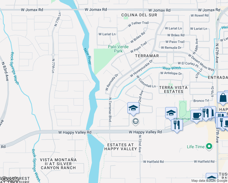 map of restaurants, bars, coffee shops, grocery stores, and more near 7456 West Honeysuckle Drive in Peoria