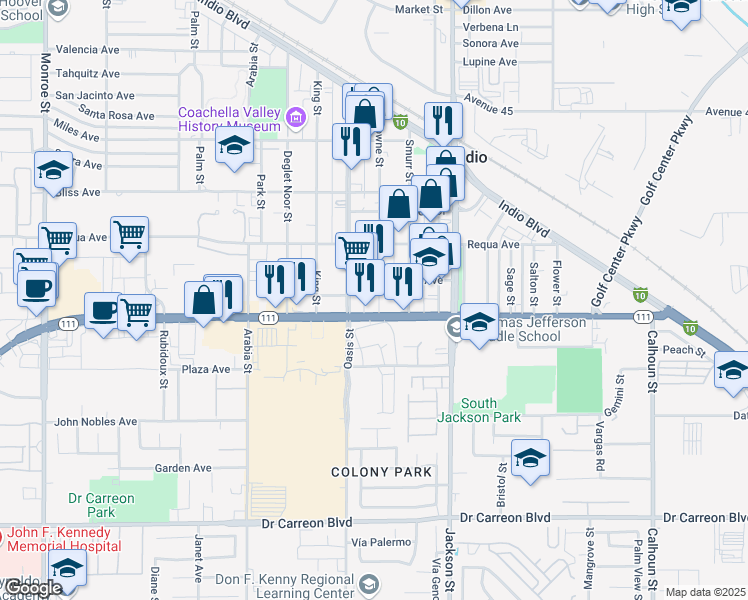 map of restaurants, bars, coffee shops, grocery stores, and more near 45941 Towne Street in Indio