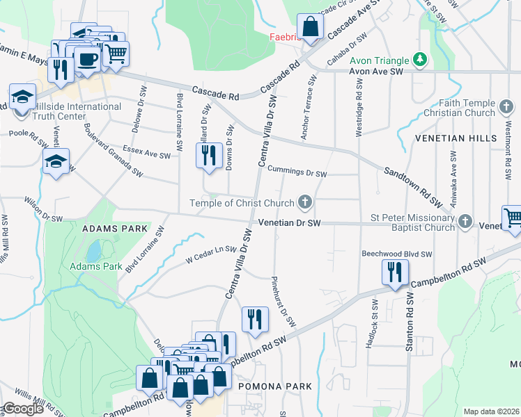 map of restaurants, bars, coffee shops, grocery stores, and more near 1466 Centra Villa Drive Southwest in Atlanta