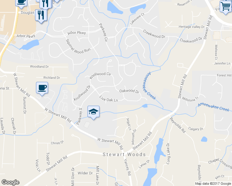 map of restaurants, bars, coffee shops, grocery stores, and more near 6597 Oakwood Drive in Douglasville
