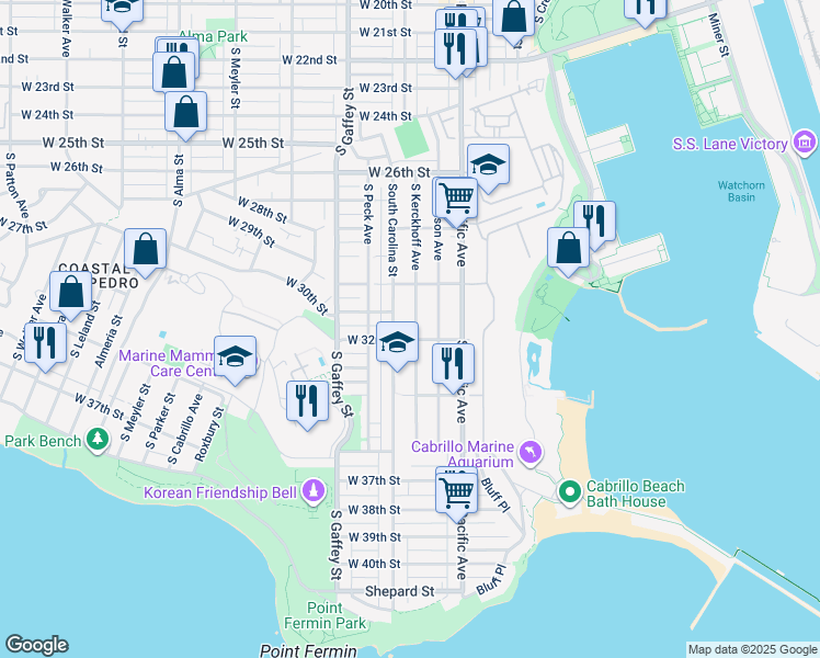 map of restaurants, bars, coffee shops, grocery stores, and more near 3131 South Kerckhoff Avenue in Los Angeles