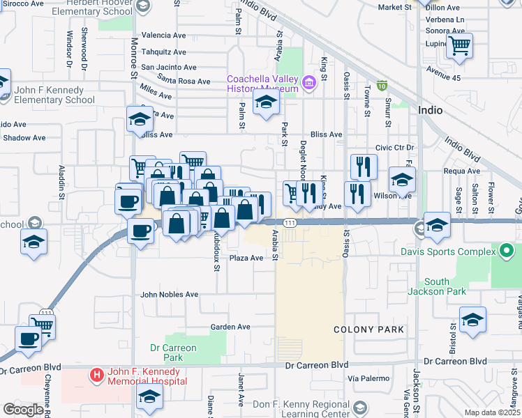 map of restaurants, bars, coffee shops, grocery stores, and more near 82462 California 111 in Indio