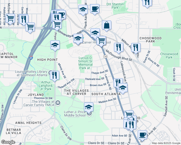 map of restaurants, bars, coffee shops, grocery stores, and more near 30 Thayer Avenue Southeast in Atlanta