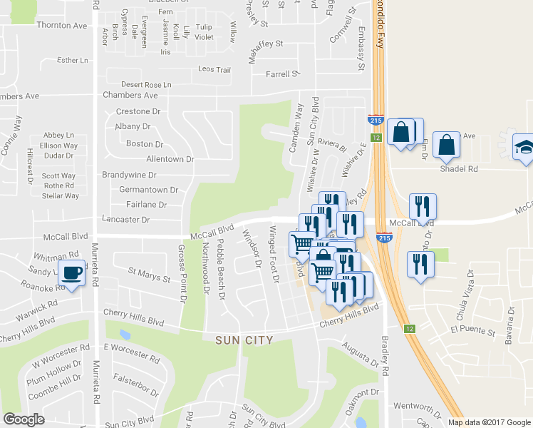 map of restaurants, bars, coffee shops, grocery stores, and more near 26596 McCall Boulevard in Menifee