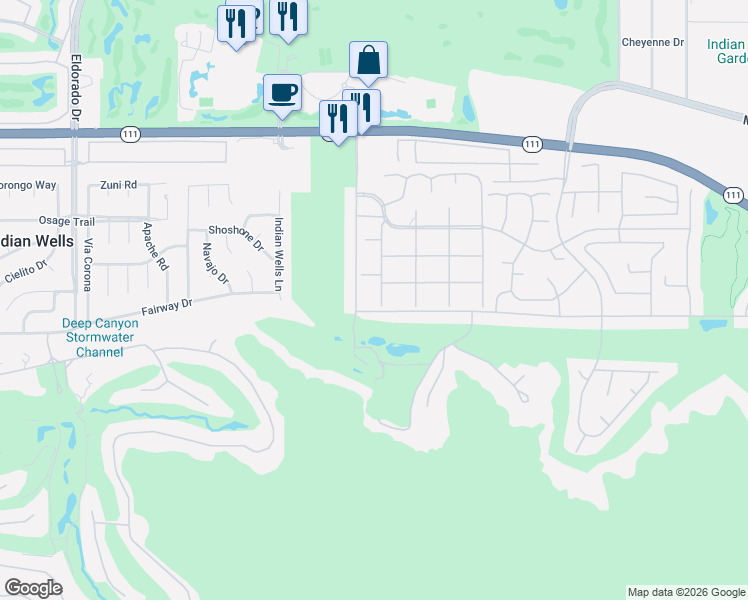 map of restaurants, bars, coffee shops, grocery stores, and more near 45865 Pawnee Road in Indian Wells