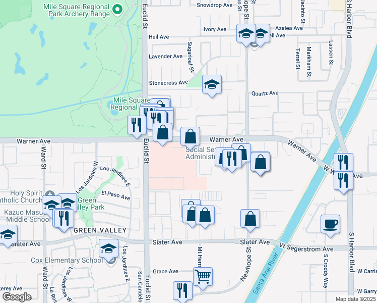 map of restaurants, bars, coffee shops, grocery stores, and more near 11180 Warner Avenue in Fountain Valley